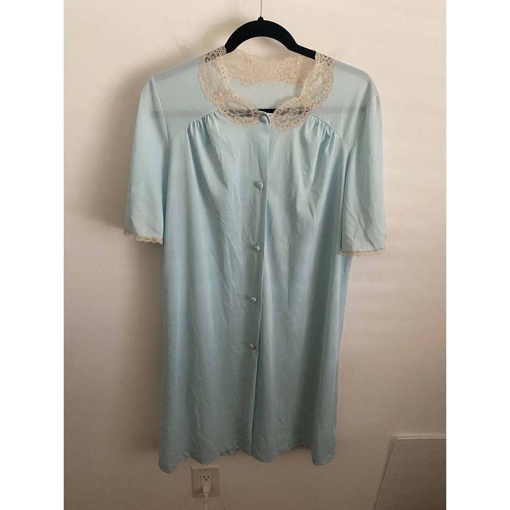 Vanity Fair Vintage Blue Nylon Lace Trim Button Front Nightgown Robe Pockets Med